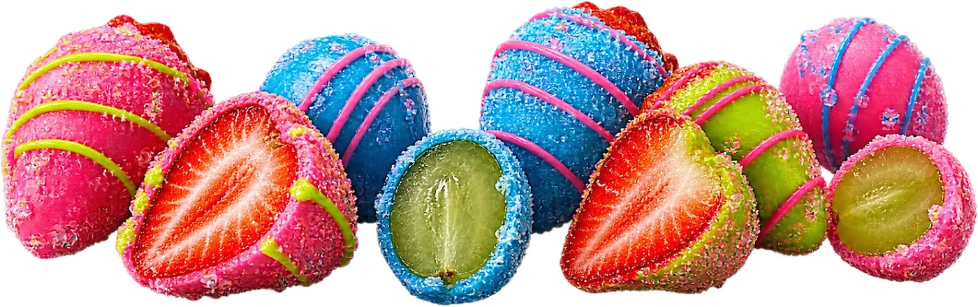 Candy-dipped grapes and strawberries in pink, blue and lime, some cut open