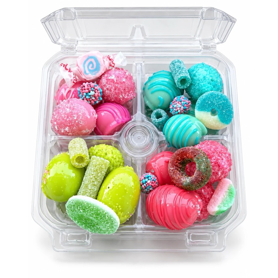 A sample pack with four sections of candied fruit in pink, teal, lime and red
