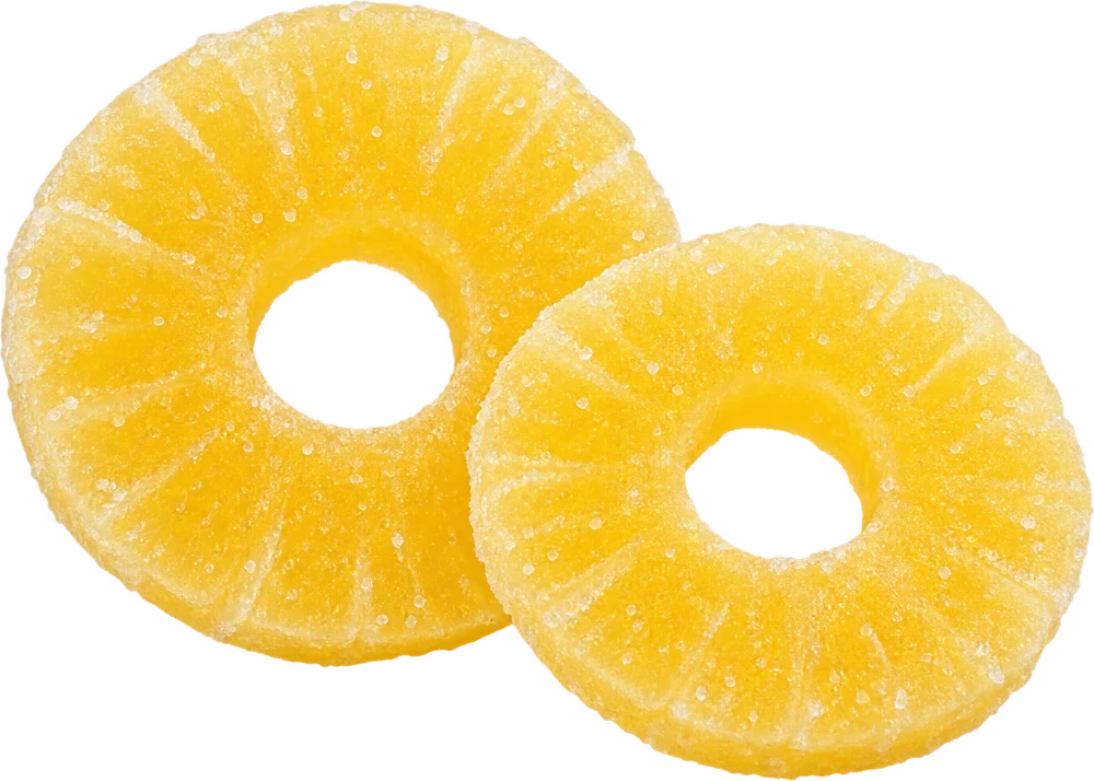 Two sugar-crusted pineapple rings